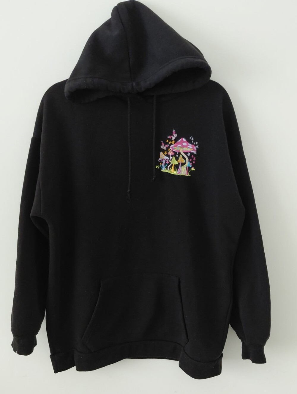 Black Hoodie with Pink Mushroom Graphic